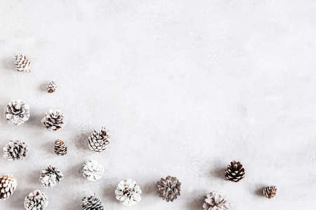 Christmas composition. Pine cones on gray background. Christmas, winter, new year concept. Flat lay, top view, copy spaceの写真素材