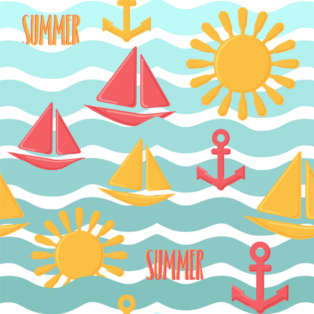 Summer seamless pattern. Vector illustration with sun, boats and anchors.のイラスト素材