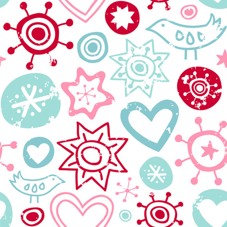 Stars, birds, circles and hearts on the white illustration.のイラスト素材