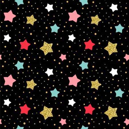 A Seamless vector pattern with golden stars and dots on a dark background.のイラスト素材