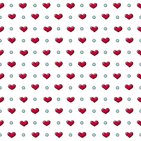 Hand drawn seamless pattern of red hearts and blue dots.のイラスト素材