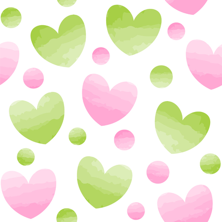 Pink and green hearts and dots vector seamless pattern.のイラスト素材