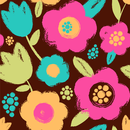 Seamless pattern with painted flowers. Vector illustration on the dark background.のイラスト素材