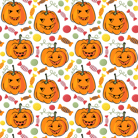 Trick or treat! Seamless vector pattern with pumpkins and candies.のイラスト素材