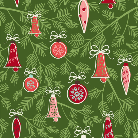 Trees branches with christmas ornaments. Seamless vector pattern.のイラスト素材