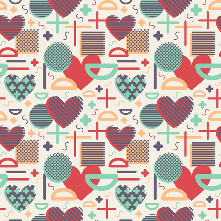 Seamless vector pattern with different geometric shapes and hearts.のイラスト素材