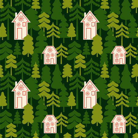 Seamless vector pattern with houses in the forest.のイラスト素材