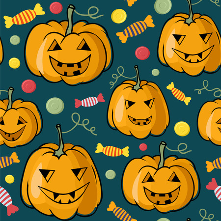 Halloween seamless vector pattern with pumpkins and candies.のイラスト素材