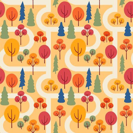 Autumn park with sidewalks. Seamless vector pattern with trees.のイラスト素材