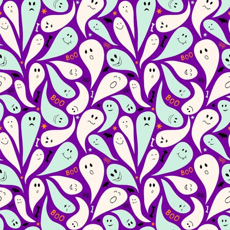 Seamless vector pattern with cute ghosts on a violet background.のイラスト素材