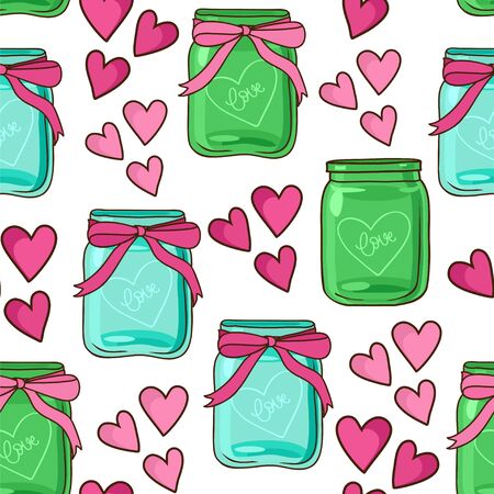 Seamless vector pattern with jars and hearts in bright colors.のイラスト素材