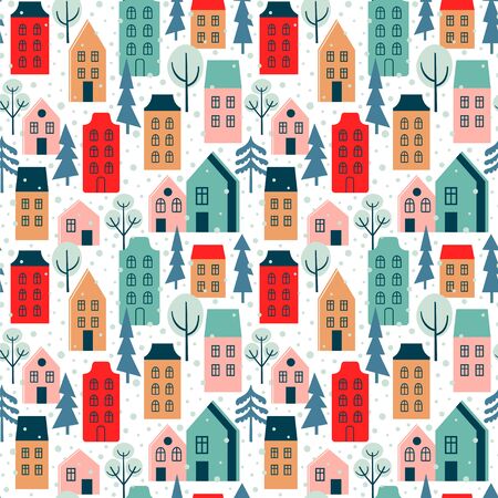 Seamless pattern with stylish houses, trees and snow. Vector background with winter city.のイラスト素材