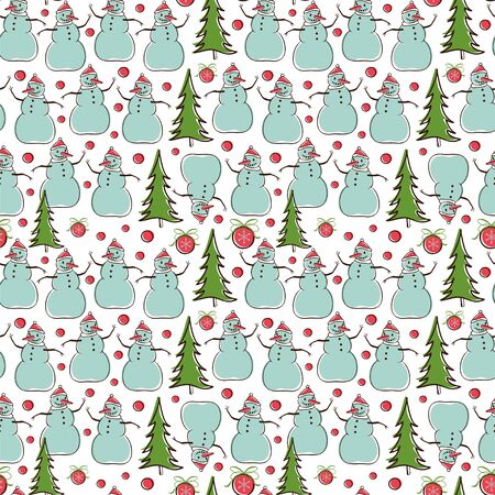 Seamless vector pattern with snowman and trees in retro style.のイラスト素材
