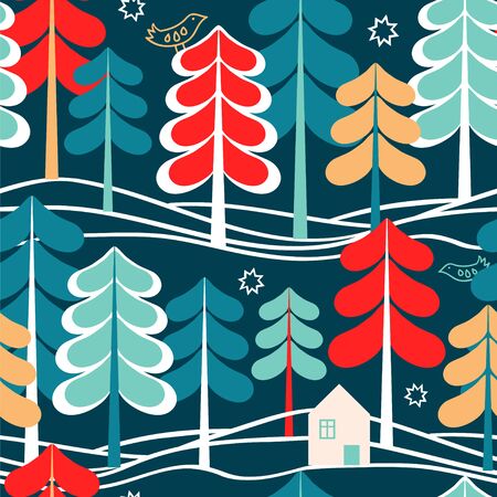 Seamless vector pattern with a lonely house in the forest.のイラスト素材