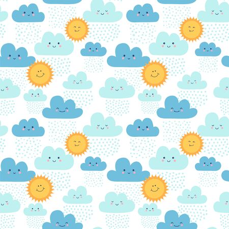 Seamless pattern with sunny and frost winter day. Vector illustration with sun, clouds and snow. Great for nursery theme, wallpaper, fabric, print design.のイラスト素材
