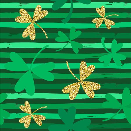 Saint Patrick Day background. Seamless vector pattern with green stripes and green and golden trefoils.のイラスト素材