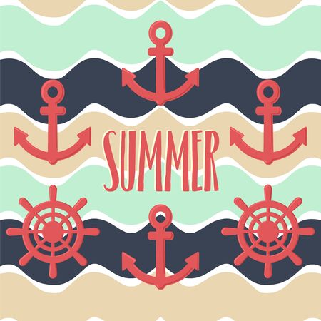 Nautical summer background. Seamless vector pattern with anchors, wheels and waves.