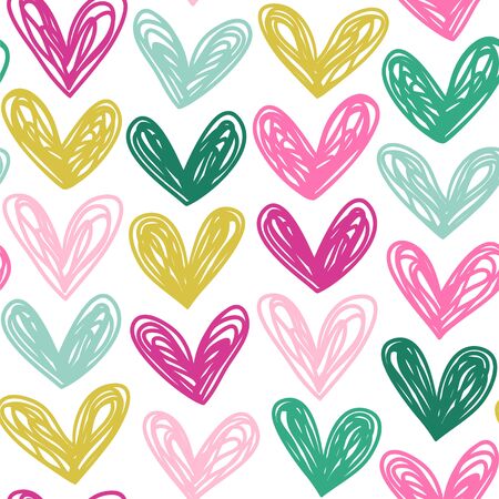 Seamless vector pattern with doodle hearts in bright color palette.のイラスト素材