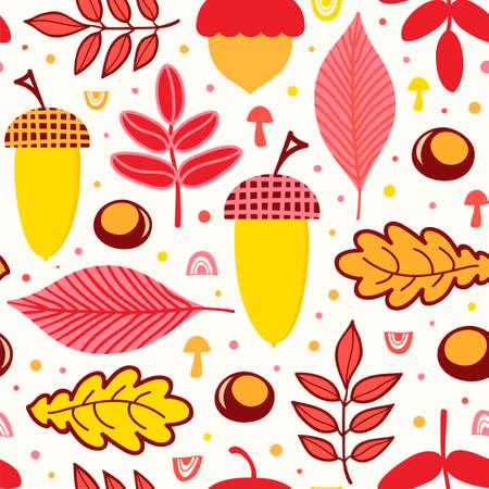 Autumn vector background. Seamless pattern with acorn, leaves, chestnut and dots.のイラスト素材