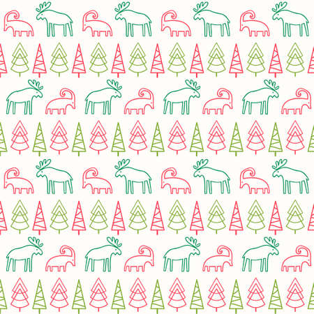 Seamless vector pattern with moose, trees and Christmas goat. Background in a scandinavian folk style.のイラスト素材