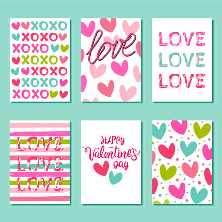 Set of colorful postcard for Valentine's day. Vector illustration with hearts and handwritten lettering.のイラスト素材