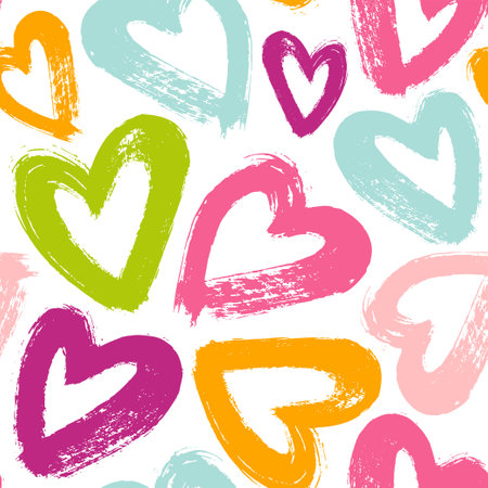 Vector pattern with hand-drawn brush strokes hearts. Seamless background in bright colors.のイラスト素材