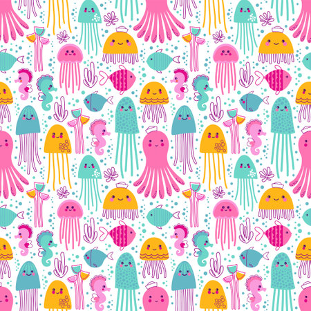 Jellyfish and octopus vector illustration. Seamless pattern with sea animals - seahorses, fishes, jellyfishes and octopus.のイラスト素材