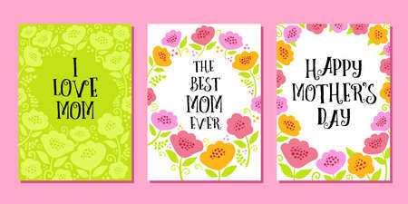Happy Mother's day greeting cards. Lettering in a floral frame. Set of three Happy Mother's Day vector templates.のイラスト素材