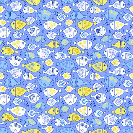 Seamless vector pattern with cute fishes in yellow and blue color palette.のイラスト素材