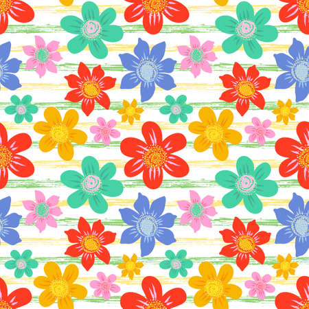 Floral background in bright color palette. Seamless vector pattern with flowers and stripes.のイラスト素材