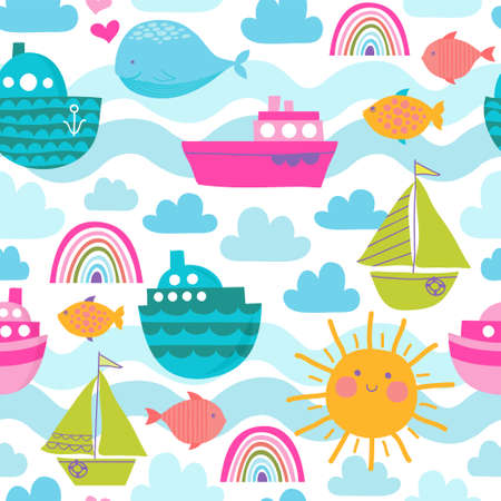 Seamless vector pattern with boats, clouds, sun, whale, fishes and rainbow. vector template in cartoon style. Great for child theme, nursery.のイラスト素材