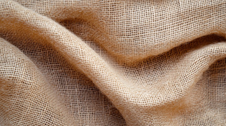 A detailed close-up of natural burlap fabric, showcasing its coarse and rustic fiber texture. The neutral beige tones emphasize the raw, organic feel of the material.の素材