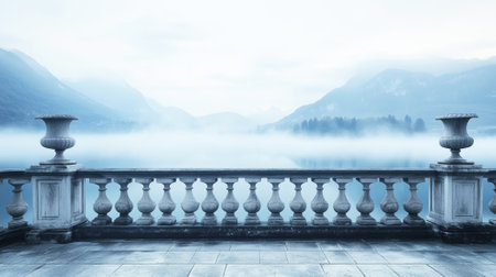 A peaceful stone balcony with classical urns overlooks a calm lake surrounded by misty mountains. The scene is quiet and tranquil, with soft fog covering the landscapeの素材
