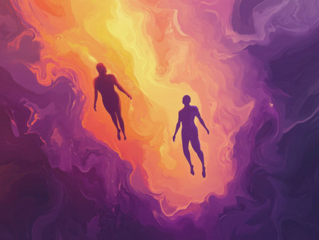 A surreal abstract illustration depicting two floating human figures, one in orange and the other in pink, surrounded by purple and violet hues. The design evokes a dreamlike, mystical atmosphere, with flowing shapes and soft texturesの素材