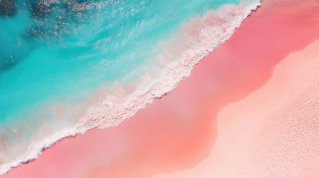 A breathtaking aerial view of turquoise ocean waves gently washing onto a vibrant pink sandy beach. The vivid colors create a surreal and picturesque coastal scene.の素材