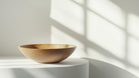 A minimalist image featuring a smooth, handcrafted wooden bowl resting on a textured white surface. Soft natural light highlights the bowl's organic texture and form.の素材