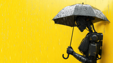A sleek, black robot stands in the rain, holding an umbrella for protection. The rain falls against a bright yellow background, creating a powerful contrast between the dark figure and the vibrant setting.の素材