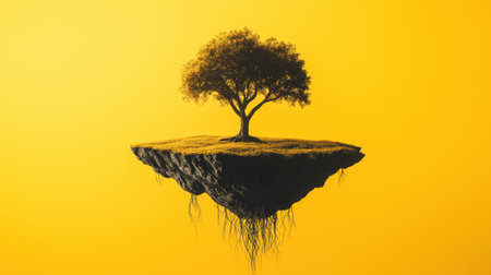 A single tree stands on a floating island, its roots hanging freely in the air, set against a vivid yellow background. The surreal scene highlights isolation and nature in a vibrant yet minimalistic way.の素材