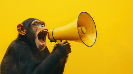 A chimpanzee holding a yellow megaphone, roaring loudly against a vibrant yellow background. The image conveys humor, bold communication, and energetic expression with a playful tone.の素材