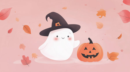 A cheerful ghost wearing a witch hat stands beside a smiling pumpkin in a soft, pastel-colored Halloween scene. Falling autumn leaves add to the playful and cute atmosphereの素材