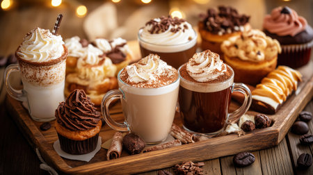 A cozy winter setting with mugs of hot chocolate topped with whipped cream, accompanied by cupcakes and various pastries, all beautifully arranged on a rustic wooden boardの素材