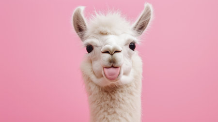 A close-up of a white llama with its tongue sticking out, set against a pink background. The llamaの素材
