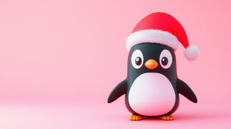 A festive cartoon penguin in a red Santa hat stands against a pink backdrop. The adorable character's large eyes and round belly give it a playful, holiday-themed lookの素材