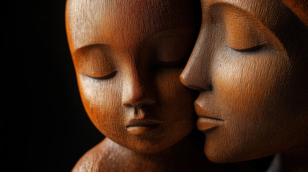A close-up of a wooden sculpture depicting a mother and child with their eyes closed, exuding a sense of peace and connection. The detailed texture highlights the warmth and intimacy of their bondの素材