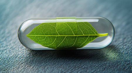 A vibrant green leaf is sealed inside a transparent capsule, representing the concept of natural remedies and sustainable medicine. The detailed veins of the leaf are clearlyの素材