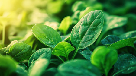 Vibrant spinach leaves glowing in the morning light, covered in delicate dew droplets. The green foliage appears lush and healthy, showcasing a thriving natural environmentの素材