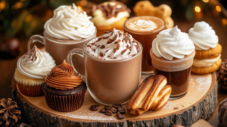 A cozy winter setting with mugs of hot chocolate topped with whipped cream, accompanied by cupcakes and various pastries, all beautifully arranged on a rustic wooden boardの素材