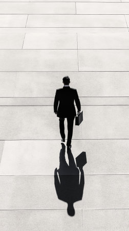 A man in a suit walks across a large, empty surface, casting a long shadow. The minimalist composition highlights themes of solitude, purpose, and professional determinationの素材