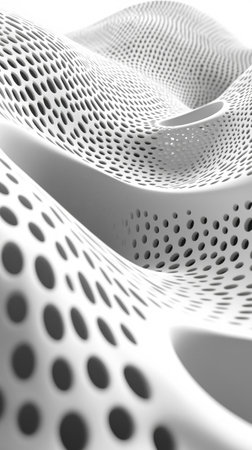 A 3D abstract structure featuring curved surfaces filled with perforated holes, creating a flowing, dynamic form. The minimalist design emphasizes geometry and futuristic aestheticsの素材