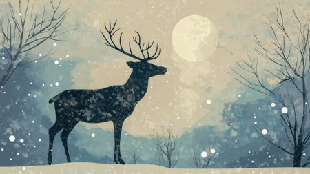 A dark silhouette of a deer with large antlers stands in a misty winter landscape. Bare trees surround the scene, creating a serene and mysterious forest atmosphere.の素材
